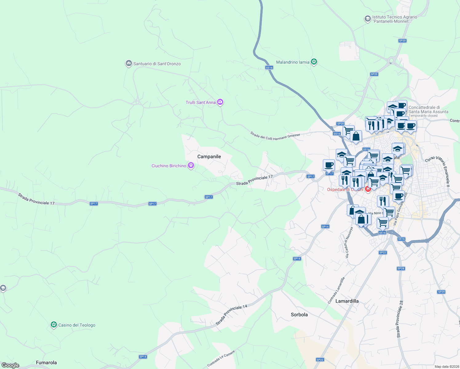 map of restaurants, bars, coffee shops, grocery stores, and more near Strada Provinciale 17 in Brindisi