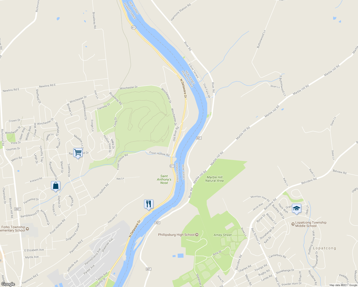 map of restaurants, bars, coffee shops, grocery stores, and more near 2375 North Delaware Drive in Easton