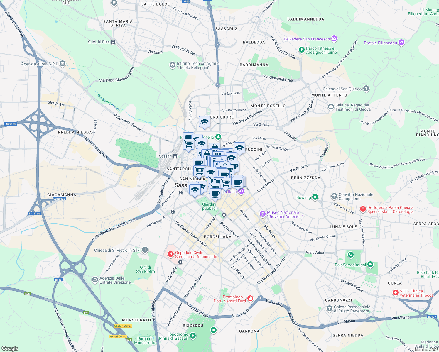 map of restaurants, bars, coffee shops, grocery stores, and more near 13 Piazza Domenico Alberto Azuni in Sassari
