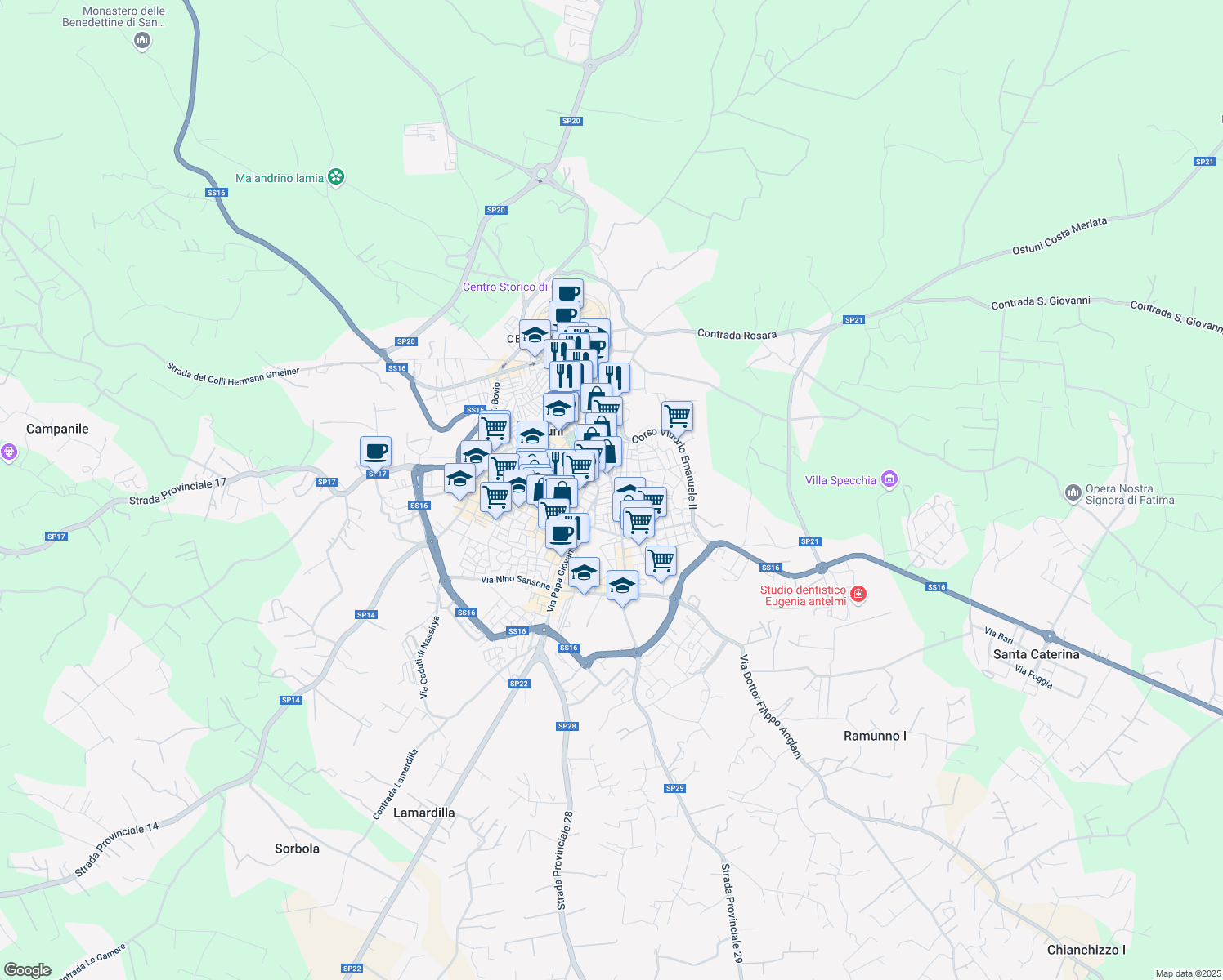 map of restaurants, bars, coffee shops, grocery stores, and more near 206 Corso Giuseppe Garibaldi in Ostuni