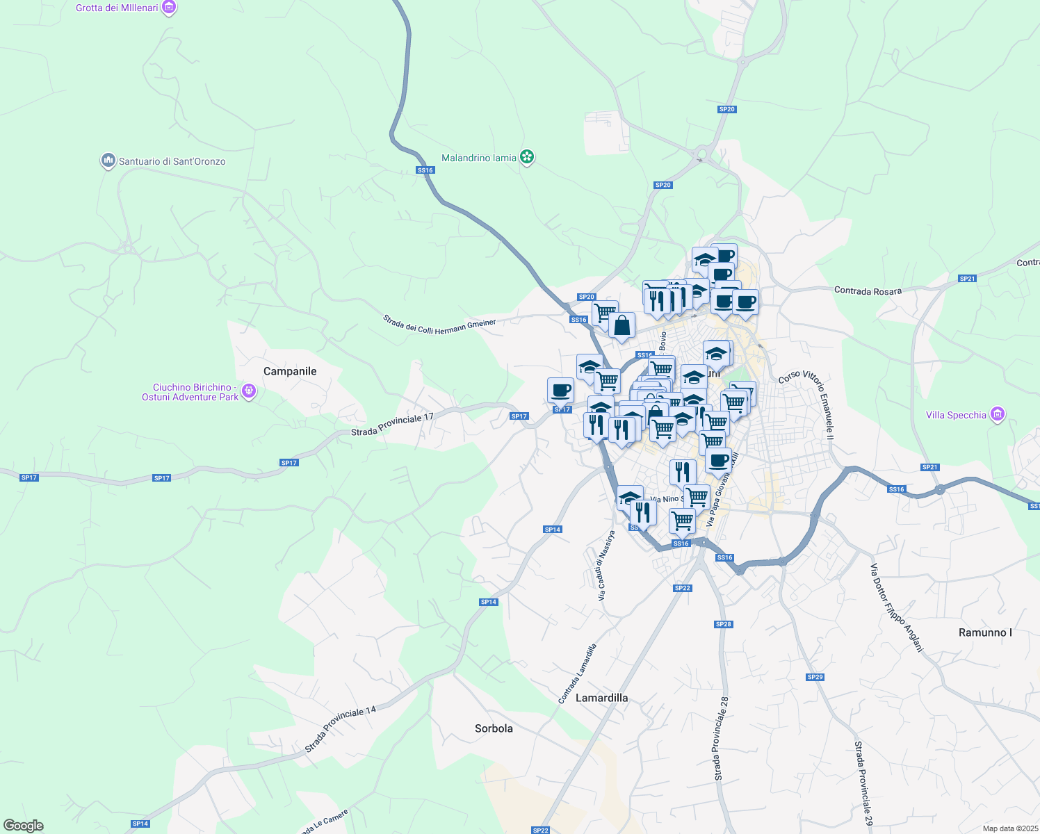 map of restaurants, bars, coffee shops, grocery stores, and more near Strada Provinciale 17 in Provincia di Brindisi