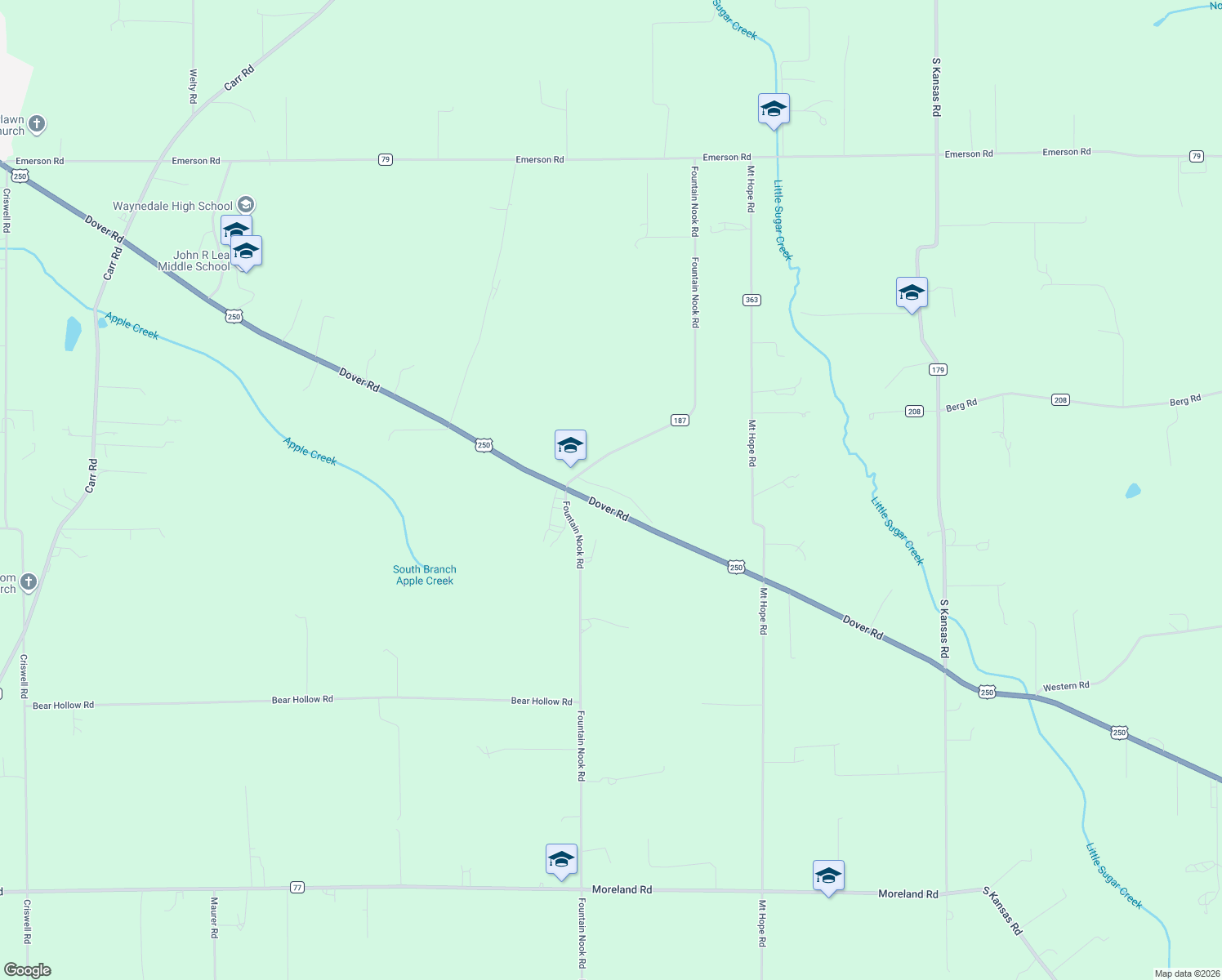 map of restaurants, bars, coffee shops, grocery stores, and more near 5828 Fountain Nook Road in Apple Creek
