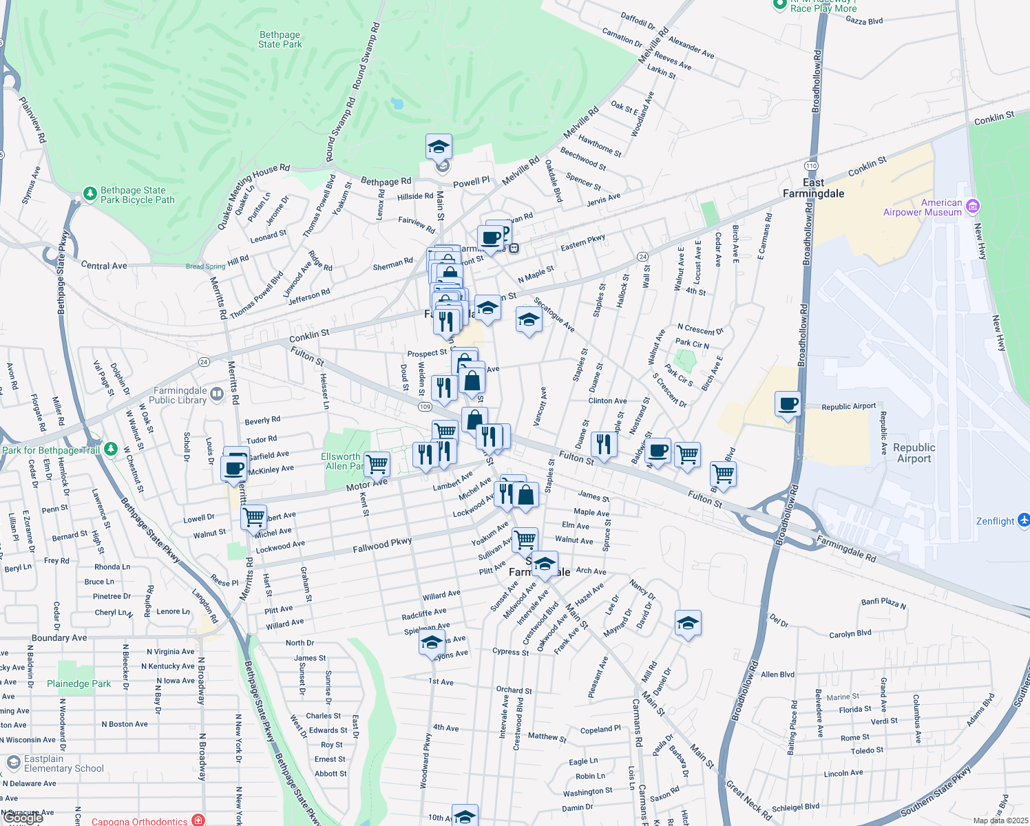 map of restaurants, bars, coffee shops, grocery stores, and more near 108 Williams Street in Farmingdale