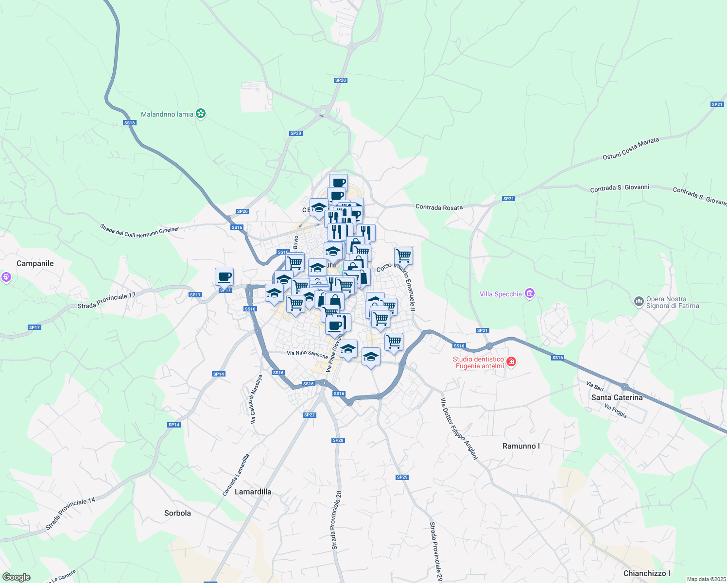 map of restaurants, bars, coffee shops, grocery stores, and more near 206 Corso Giuseppe Garibaldi in Ostuni