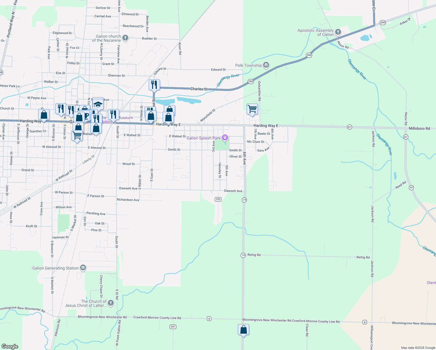 map of restaurants, bars, coffee shops, grocery stores, and more near 416 Hensley Street in Galion