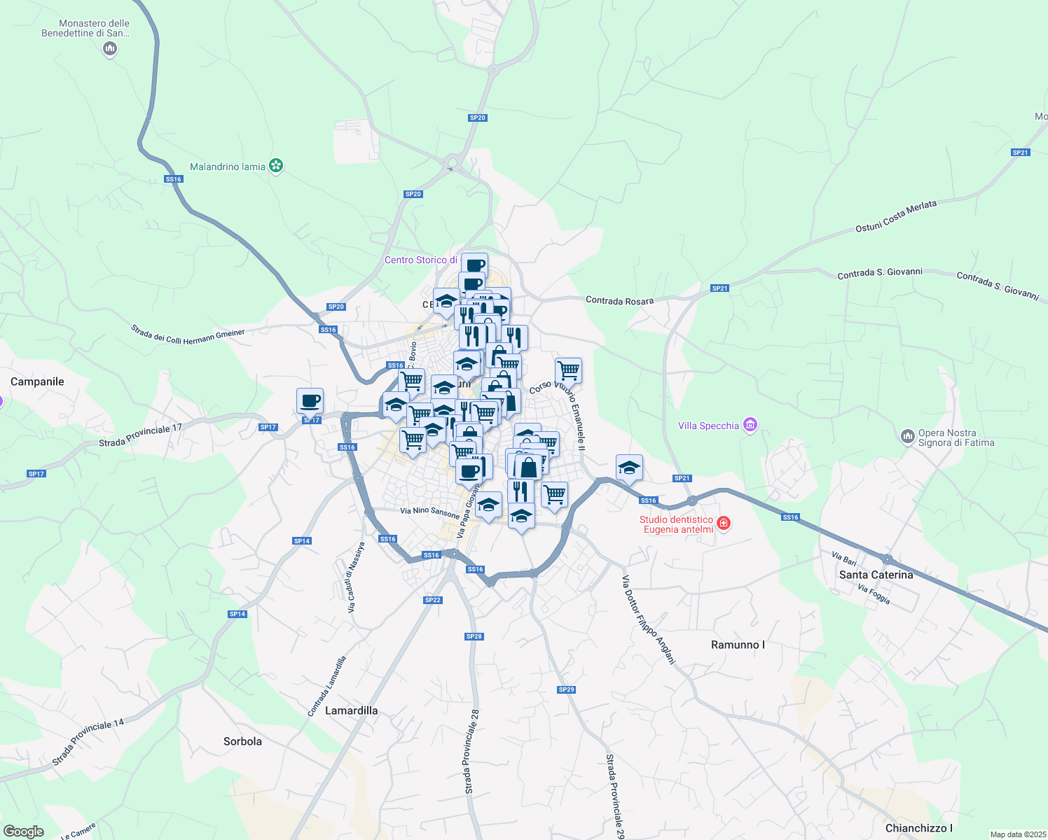 map of restaurants, bars, coffee shops, grocery stores, and more near 14 Via Camillo Porzio in Ostuni