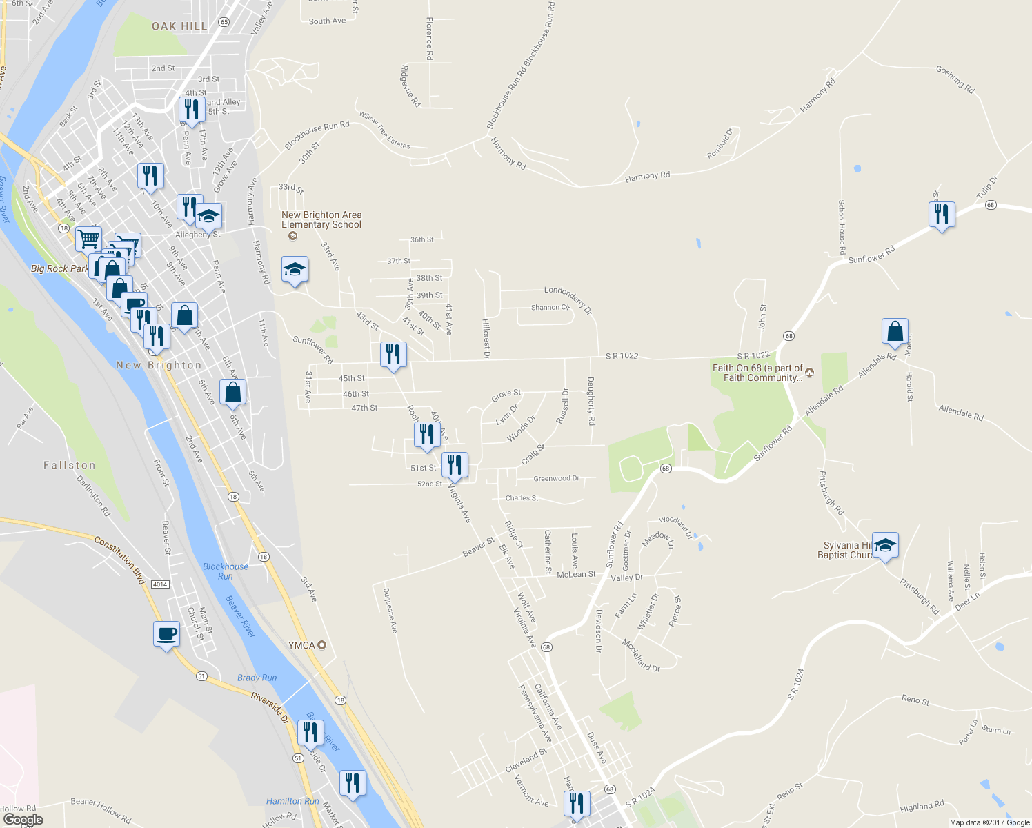 map of restaurants, bars, coffee shops, grocery stores, and more near 302 Lynn Drive in New Brighton