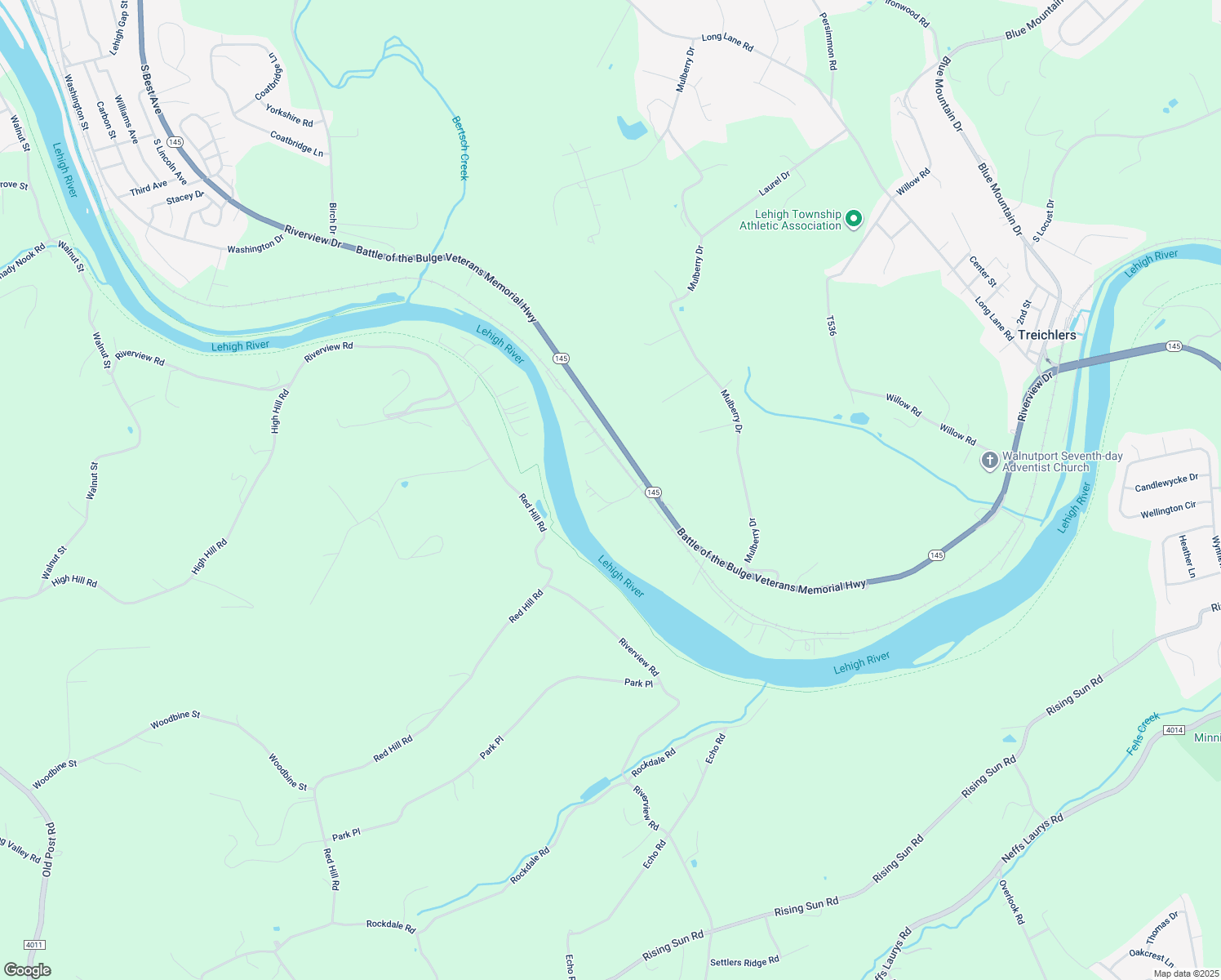 map of restaurants, bars, coffee shops, grocery stores, and more near 4709 3 Mile Ln in Walnutport