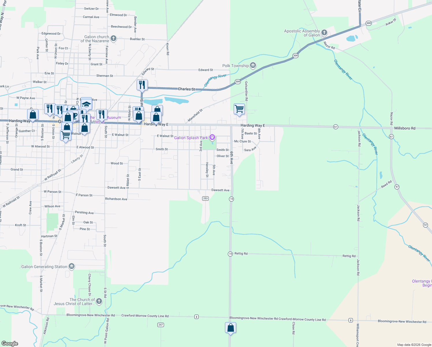 map of restaurants, bars, coffee shops, grocery stores, and more near 321 5th Ave in Galion