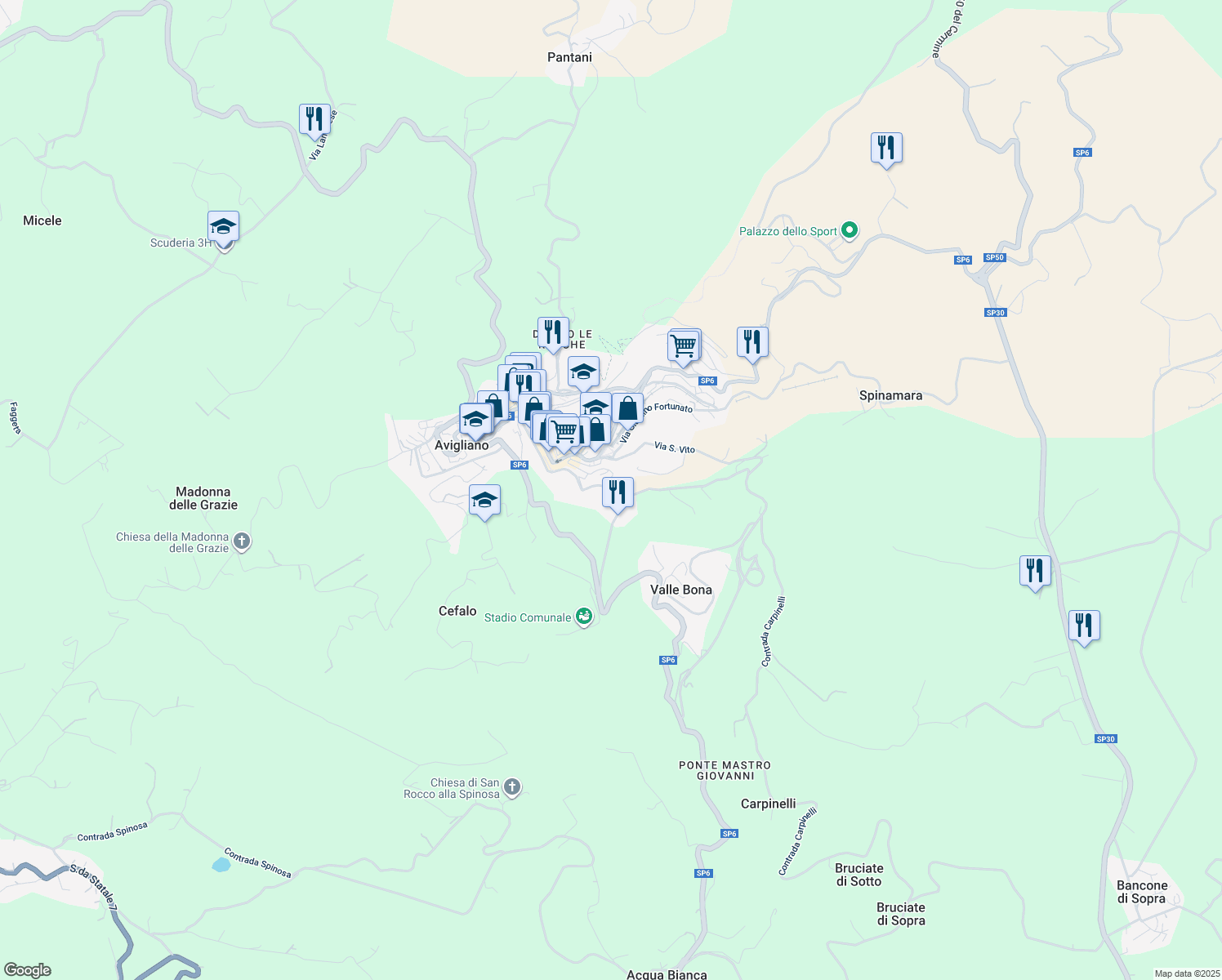 map of restaurants, bars, coffee shops, grocery stores, and more near 41B Via Don Luigi Sturzo in Avigliano