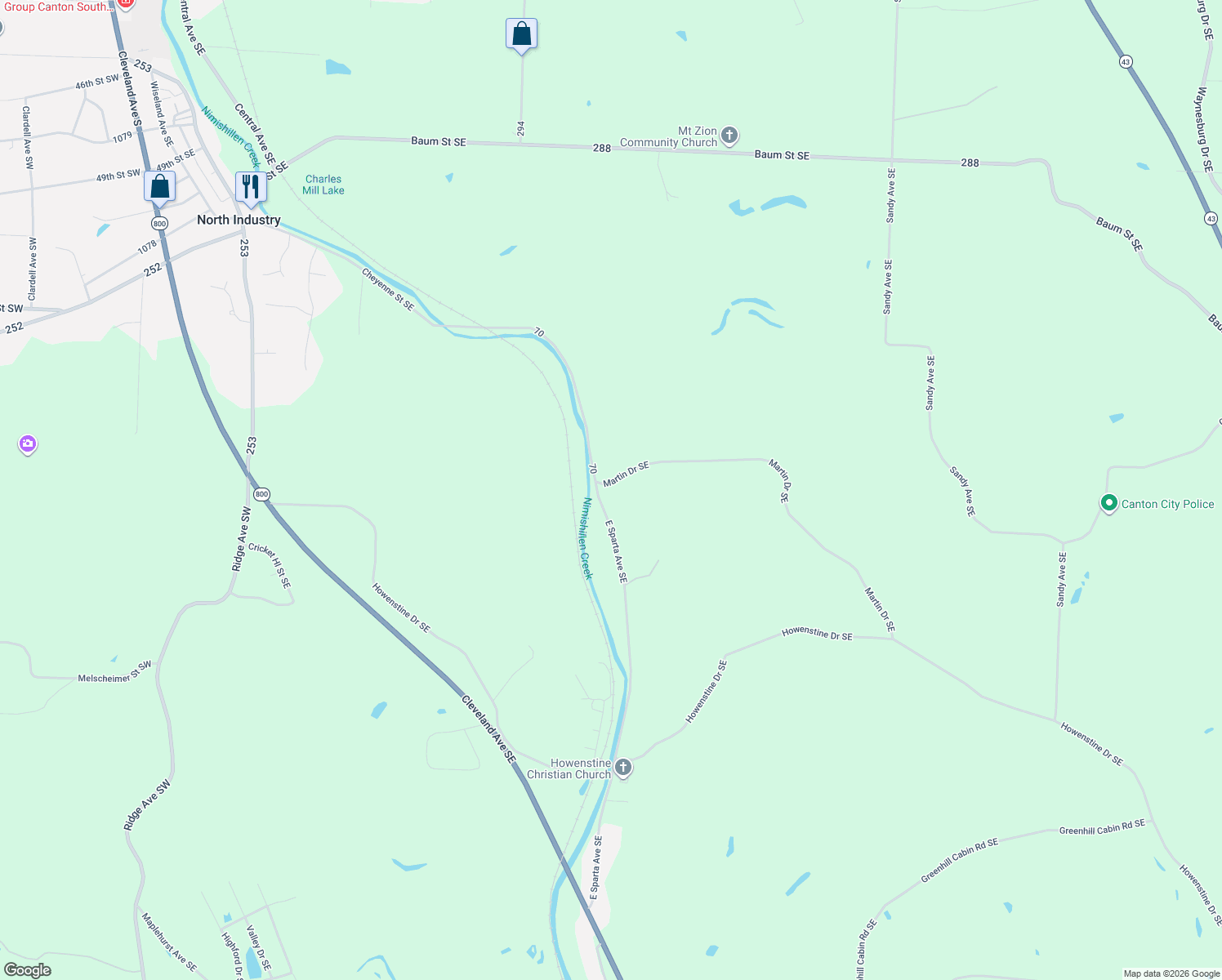 map of restaurants, bars, coffee shops, grocery stores, and more near 535 Cheyenne Street Southeast in Canton