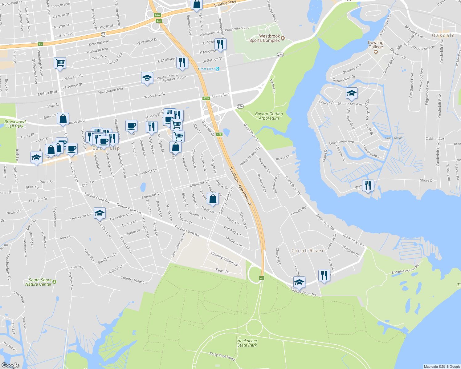 map of restaurants, bars, coffee shops, grocery stores, and more near 66 Country Village Lane in East Islip