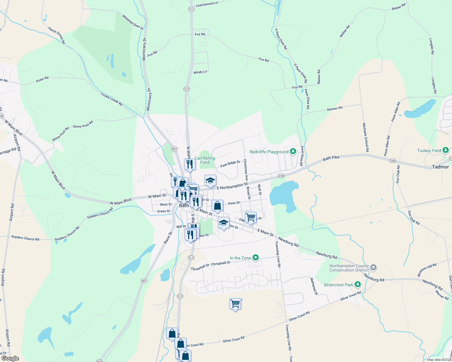 map of restaurants, bars, coffee shops, grocery stores, and more near 119 Spy Glass Hill Road in Bath