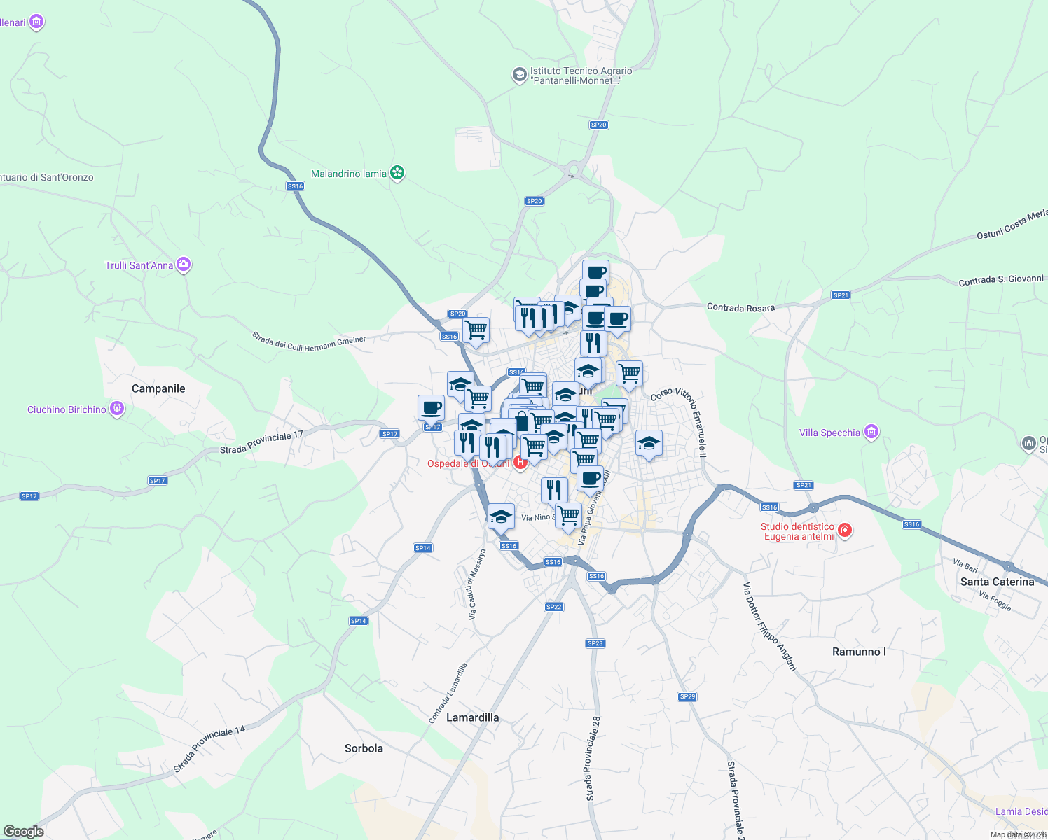 map of restaurants, bars, coffee shops, grocery stores, and more near 48 Via Calatafimi in Ostuni