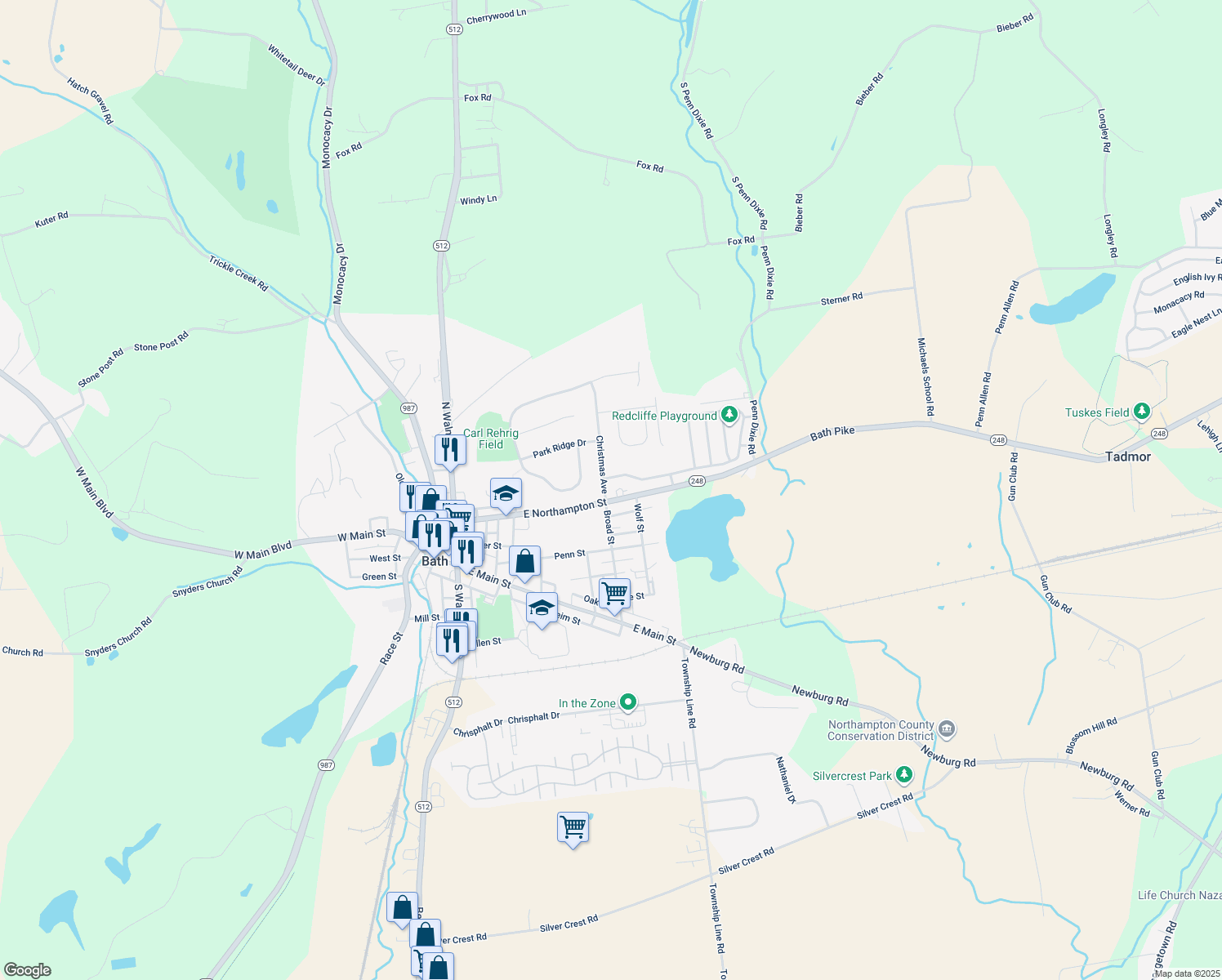 map of restaurants, bars, coffee shops, grocery stores, and more near 105 Christmas Avenue in Bath