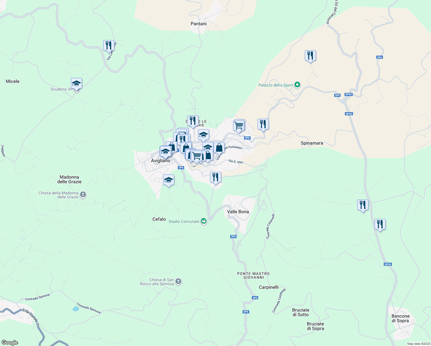 map of restaurants, bars, coffee shops, grocery stores, and more near 41B Via Don Luigi Sturzo in Avigliano