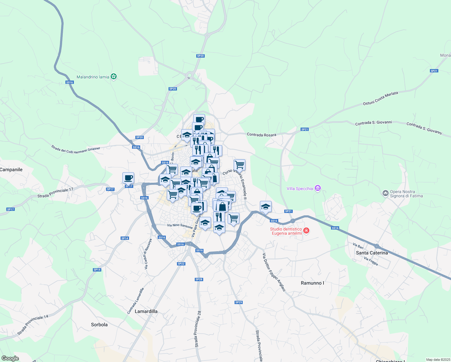 map of restaurants, bars, coffee shops, grocery stores, and more near 14 Via Camillo Porzio in Ostuni