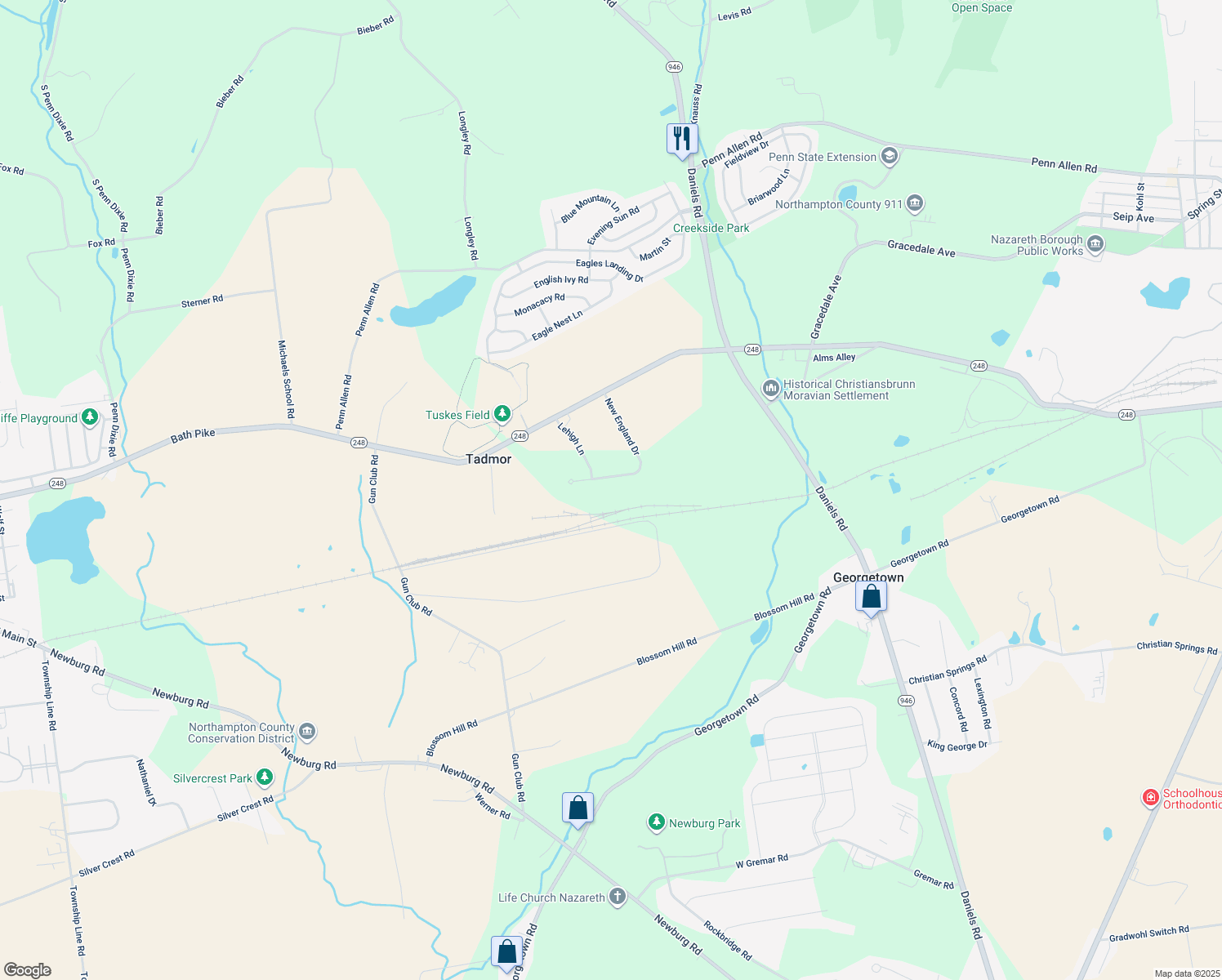 map of restaurants, bars, coffee shops, grocery stores, and more near 2720 New England Drive in Nazareth