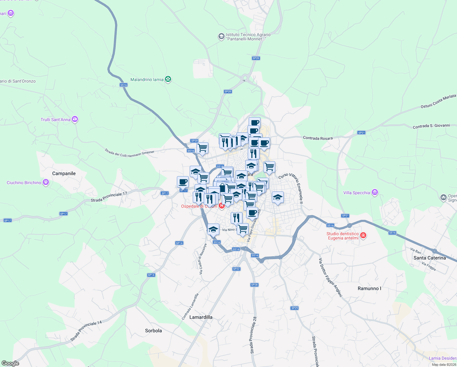 map of restaurants, bars, coffee shops, grocery stores, and more near 48 Via Calatafimi in Ostuni