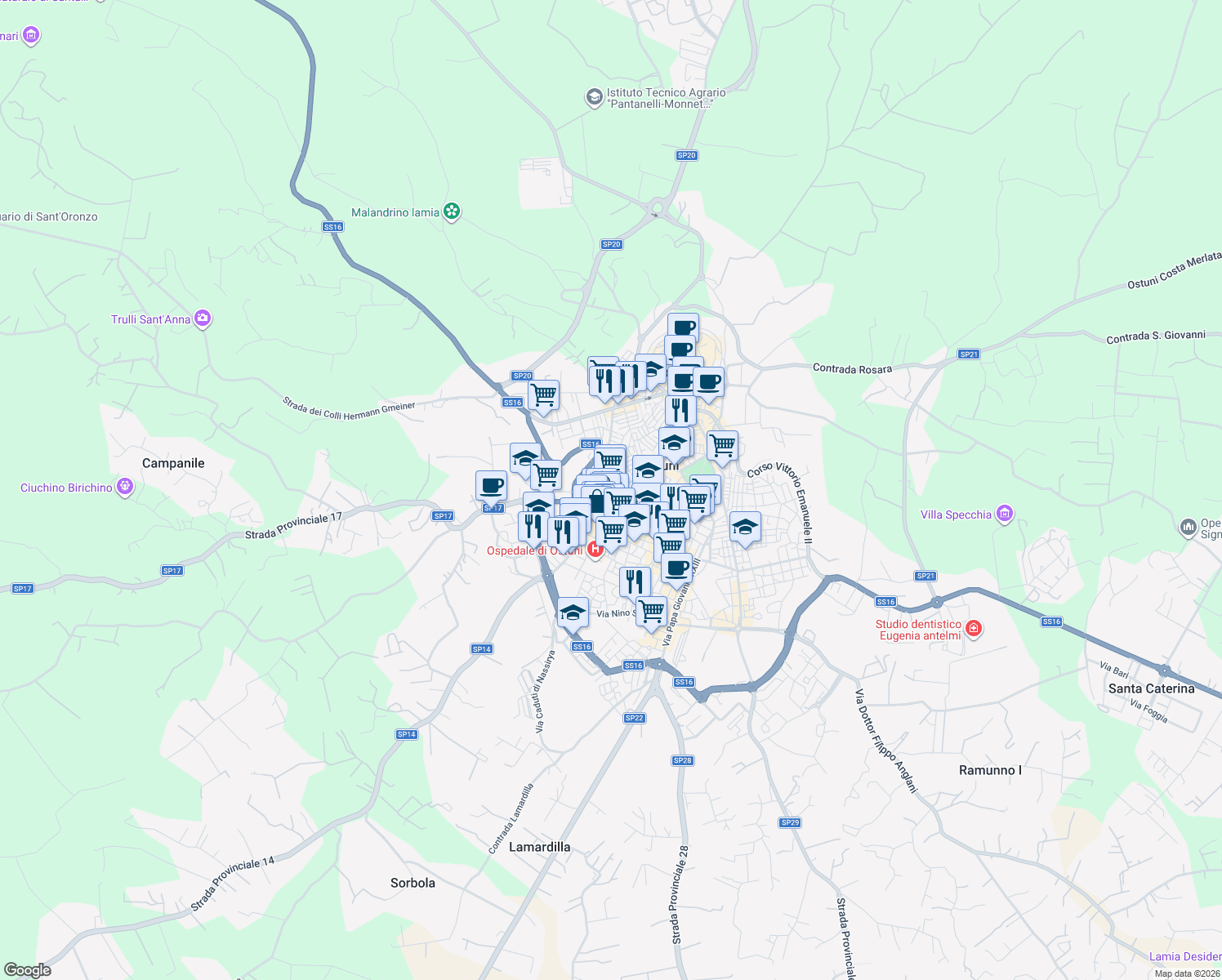 map of restaurants, bars, coffee shops, grocery stores, and more near 48 Via Calatafimi in Ostuni