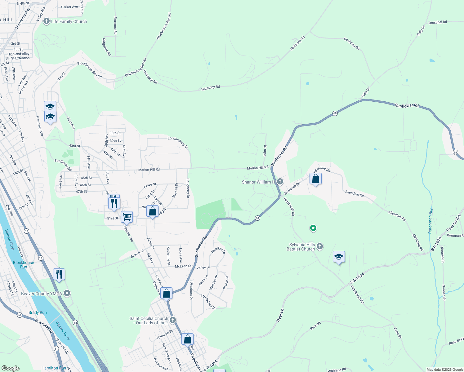 map of restaurants, bars, coffee shops, grocery stores, and more near 4262 South R 1022 in New Brighton