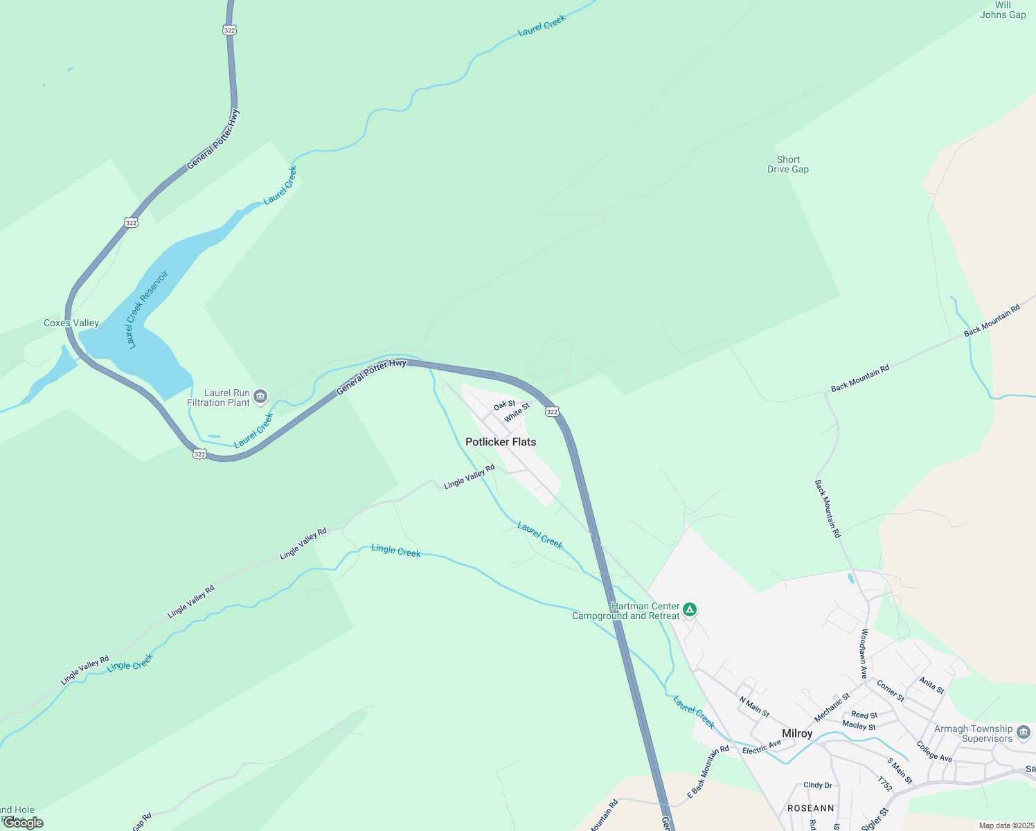 map of restaurants, bars, coffee shops, grocery stores, and more near 20 White Street in Milroy