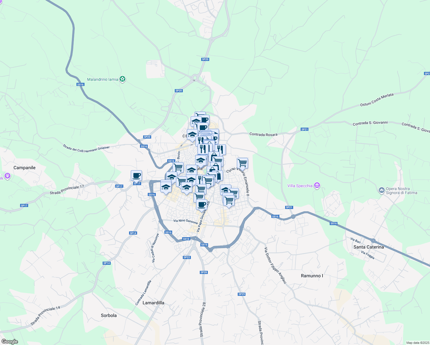 map of restaurants, bars, coffee shops, grocery stores, and more near 18-28 Corso Umberto I in Ostuni