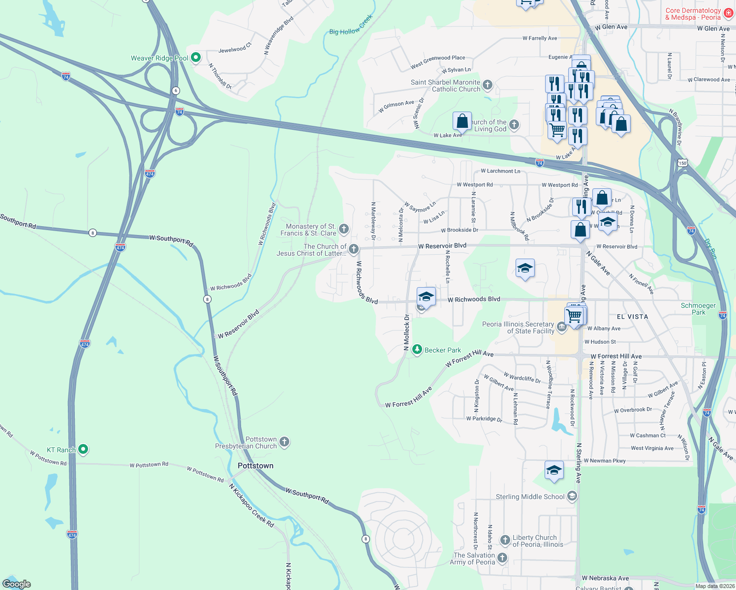 map of restaurants, bars, coffee shops, grocery stores, and more near 3500 North Marbleway Drive in Peoria