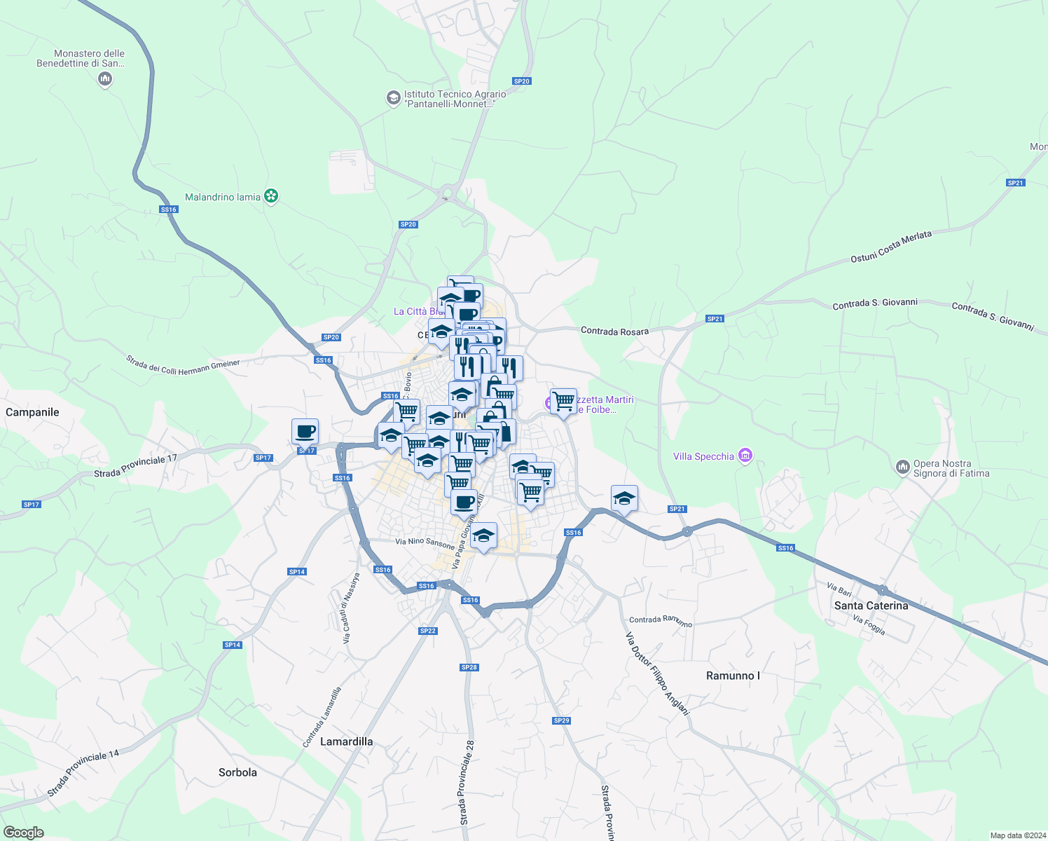 map of restaurants, bars, coffee shops, grocery stores, and more near 101 Corso Vittorio Emanuele II in Provincia di Brindisi