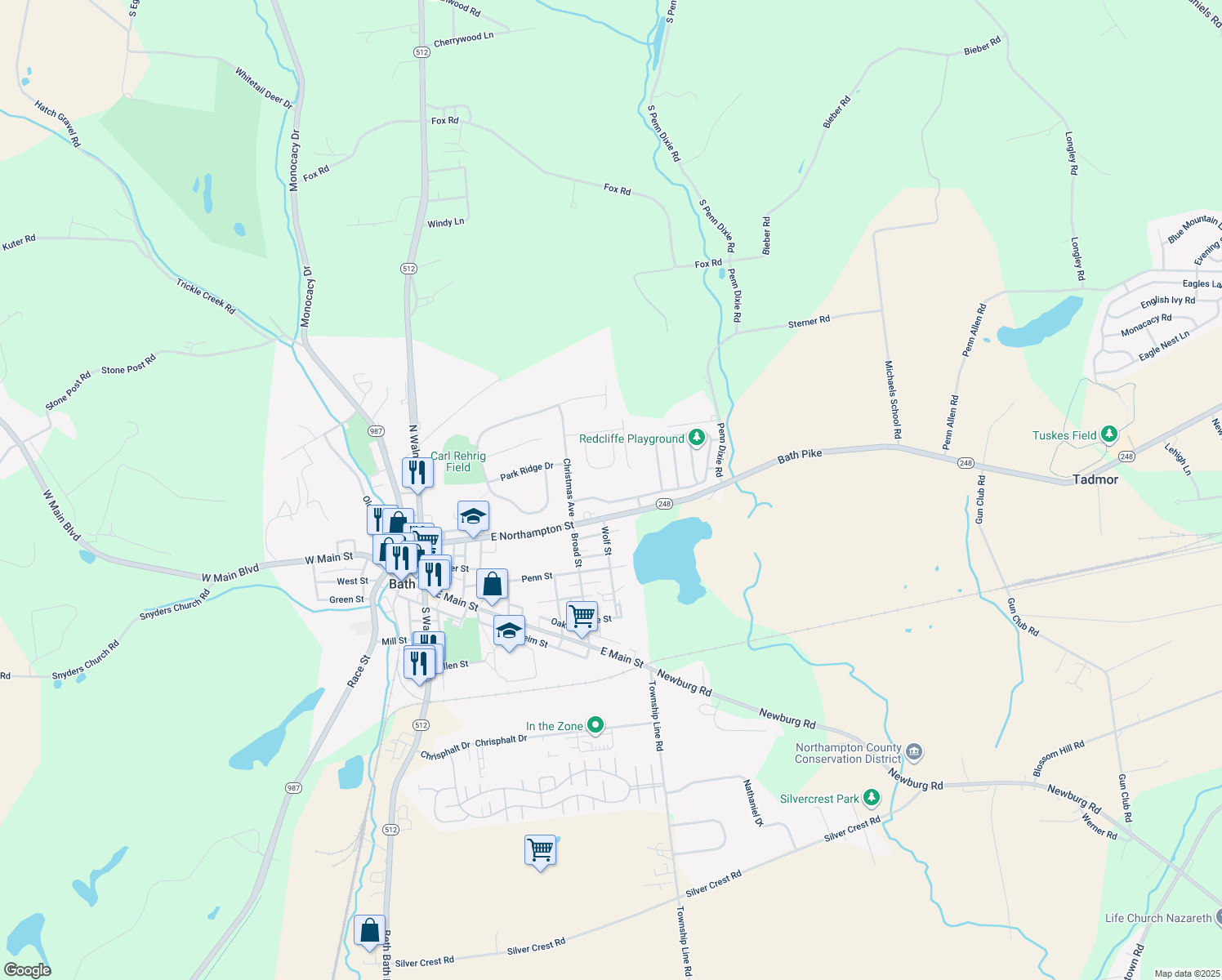 map of restaurants, bars, coffee shops, grocery stores, and more near 525 Easter Terrace in Bath