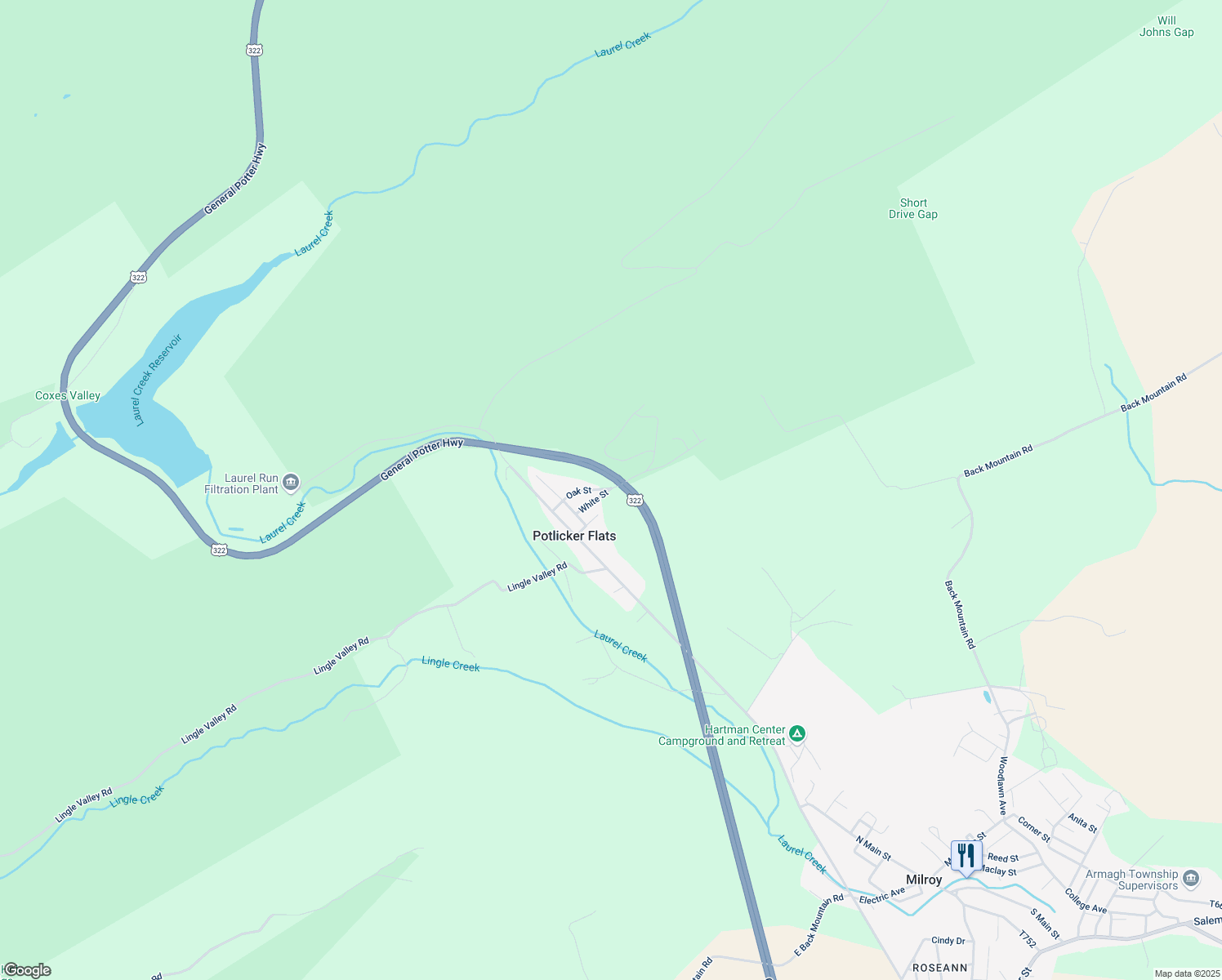 map of restaurants, bars, coffee shops, grocery stores, and more near Pleasant Lane in Milroy