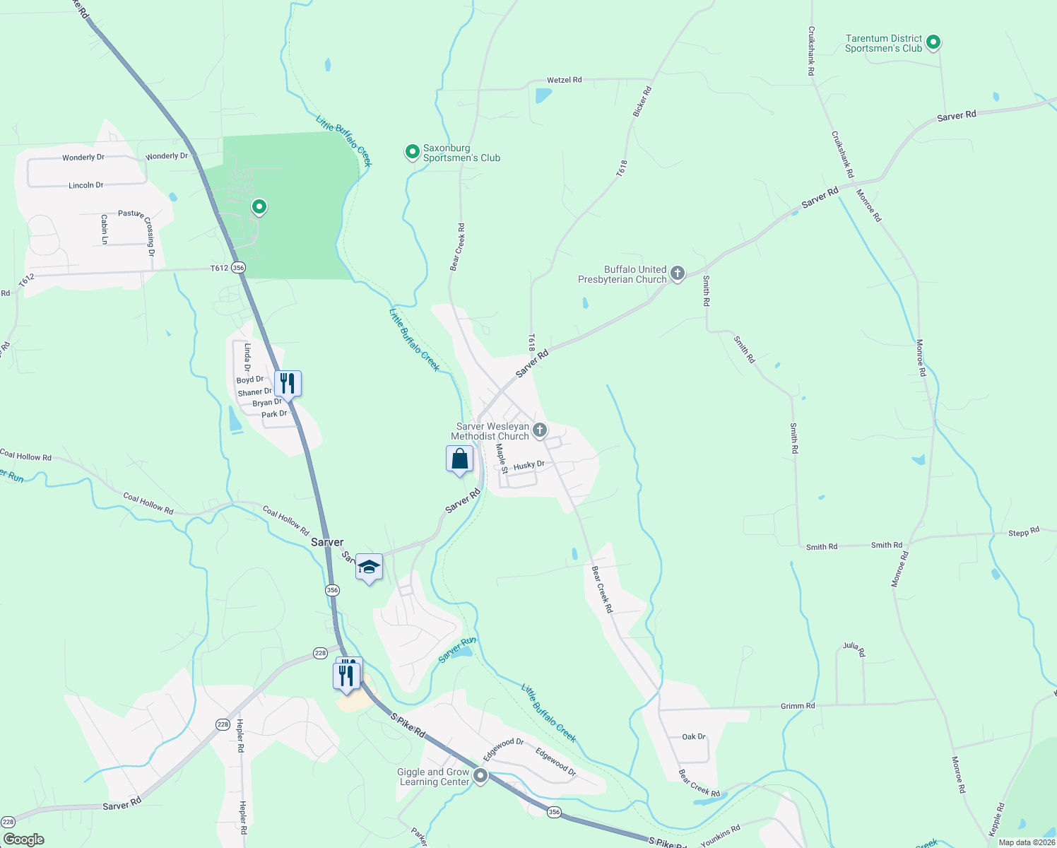 map of restaurants, bars, coffee shops, grocery stores, and more near 314 Bear Creek Rd in Sarver