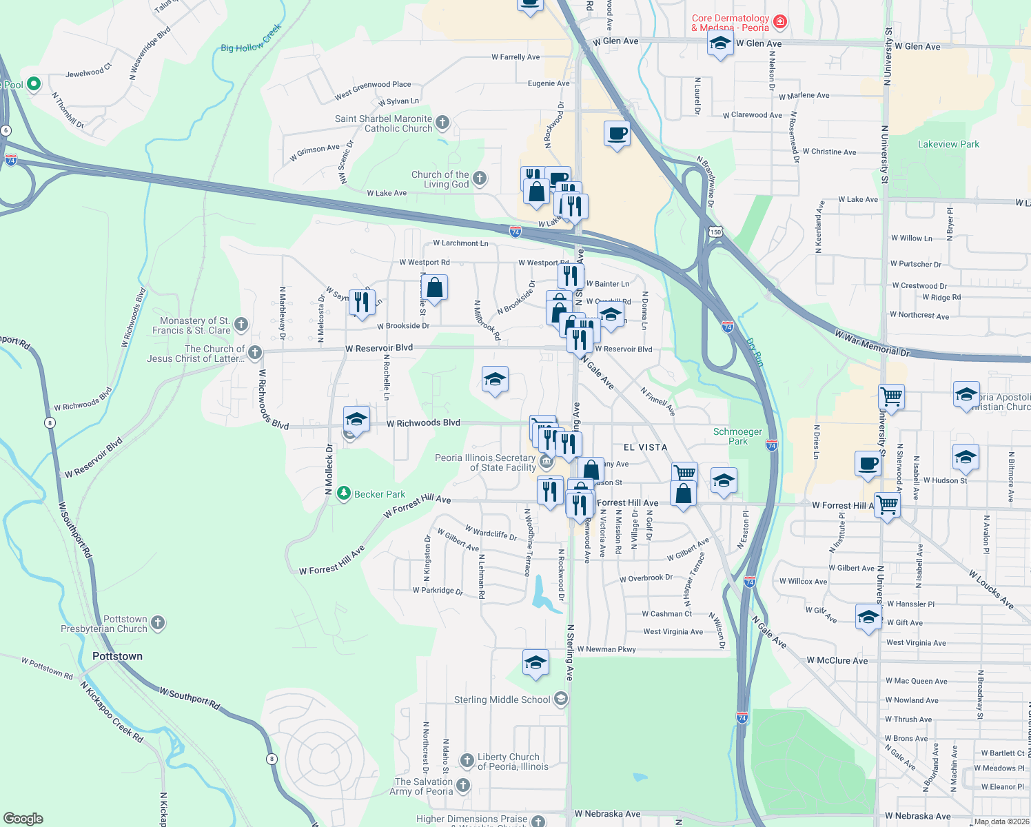 map of restaurants, bars, coffee shops, grocery stores, and more near 3411 North Elmcroft Terrace in Peoria