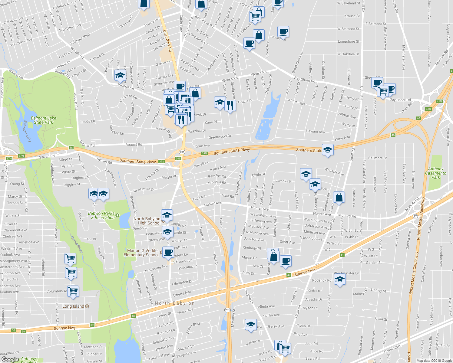 map of restaurants, bars, coffee shops, grocery stores, and more near 93 Brookes Road in North Babylon