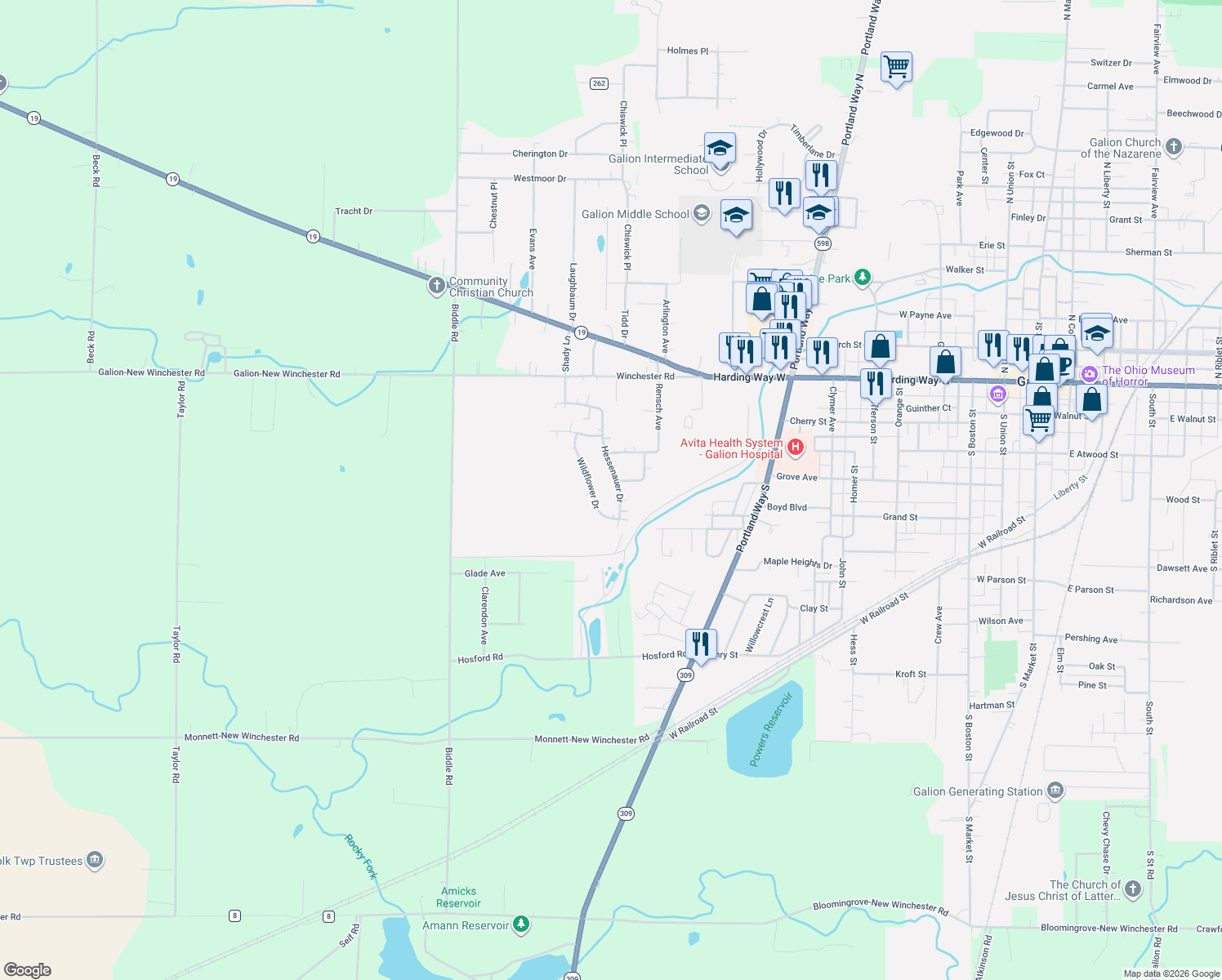 map of restaurants, bars, coffee shops, grocery stores, and more near 330 Hessenauer Dr in Galion