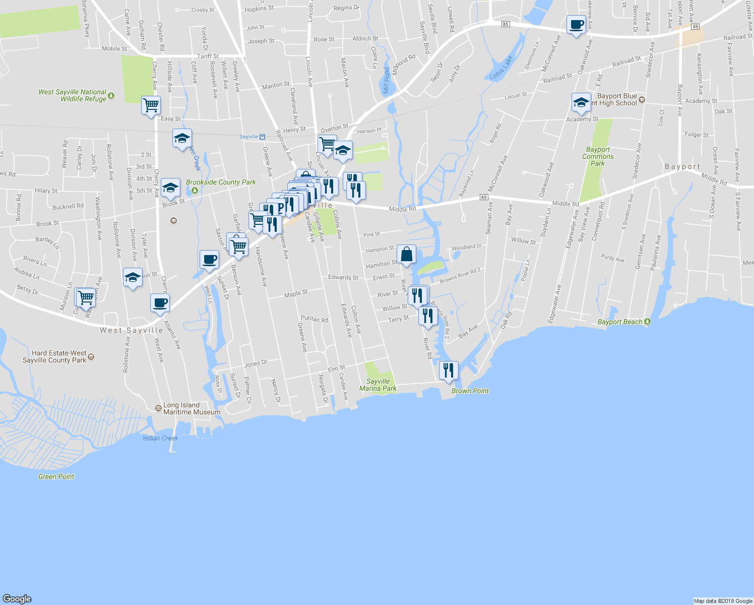 map of restaurants, bars, coffee shops, grocery stores, and more near 239 Foster Avenue in Sayville