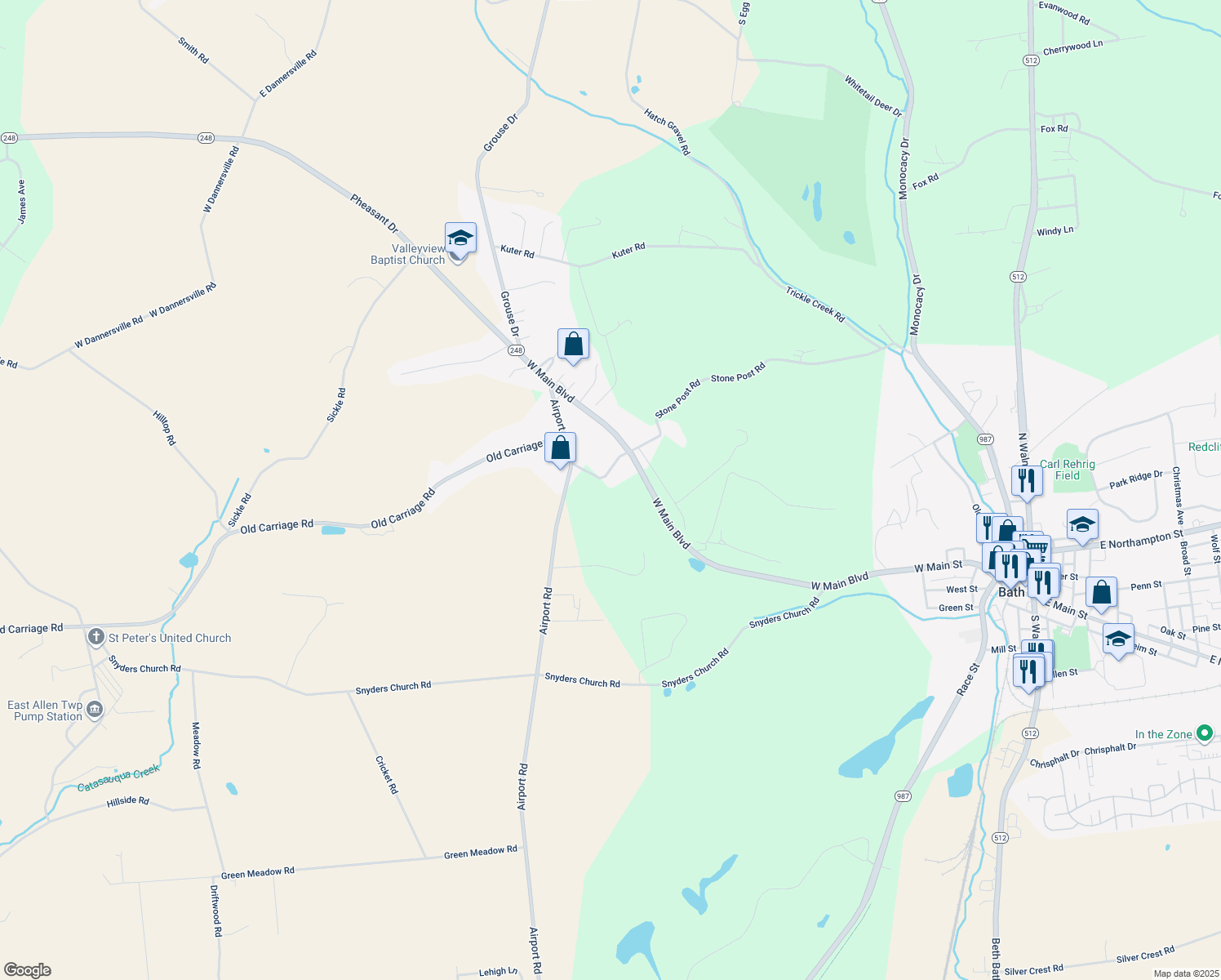 map of restaurants, bars, coffee shops, grocery stores, and more near 6080 Stone Post Road in Bath