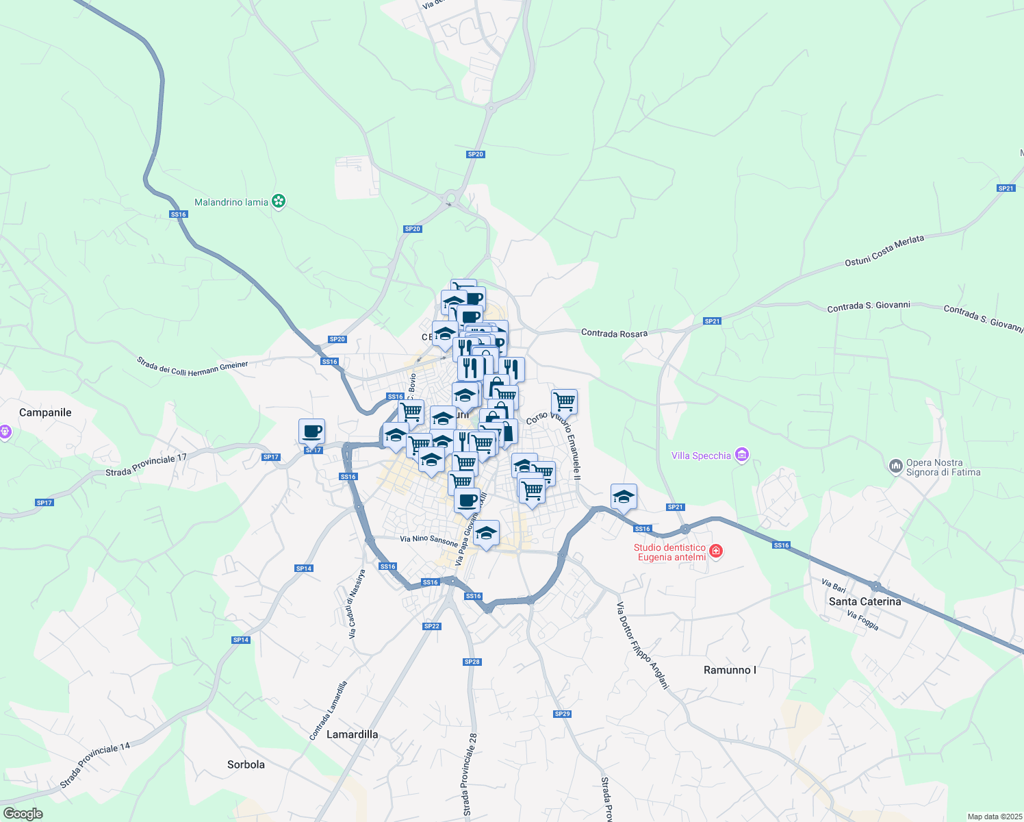 map of restaurants, bars, coffee shops, grocery stores, and more near 99-101 Corso Vittorio Emanuele II in Provincia di Brindisi