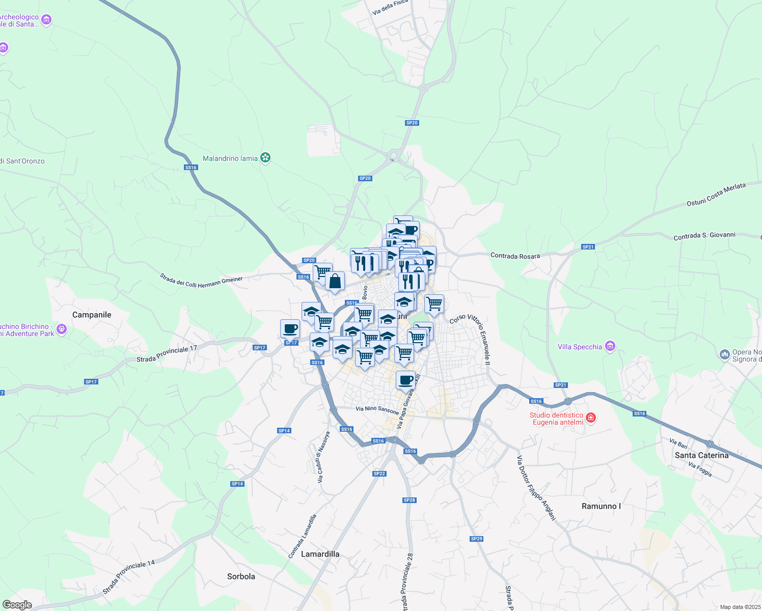 map of restaurants, bars, coffee shops, grocery stores, and more near 72 Via Giacomo Leopardi in Ostuni