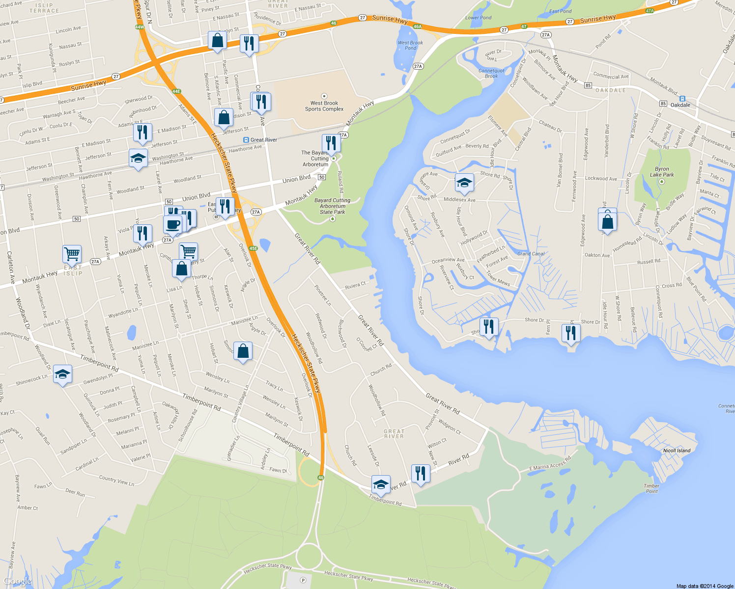 map of restaurants, bars, coffee shops, grocery stores, and more near 263A Great River Road in Great River