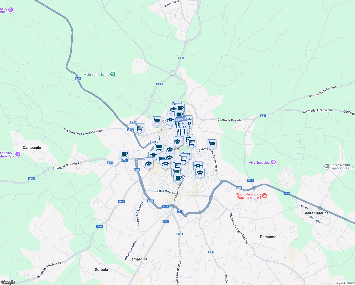 map of restaurants, bars, coffee shops, grocery stores, and more near 23 Via Nazario Sauro in Ostuni