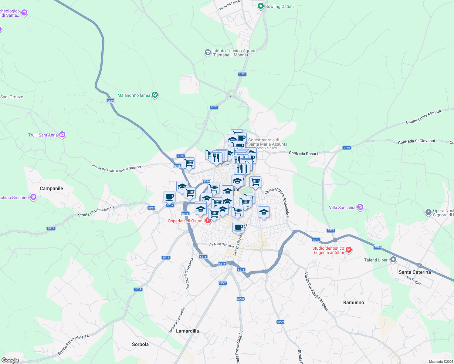 map of restaurants, bars, coffee shops, grocery stores, and more near 13 Via A. Tamborrino in Ostuni
