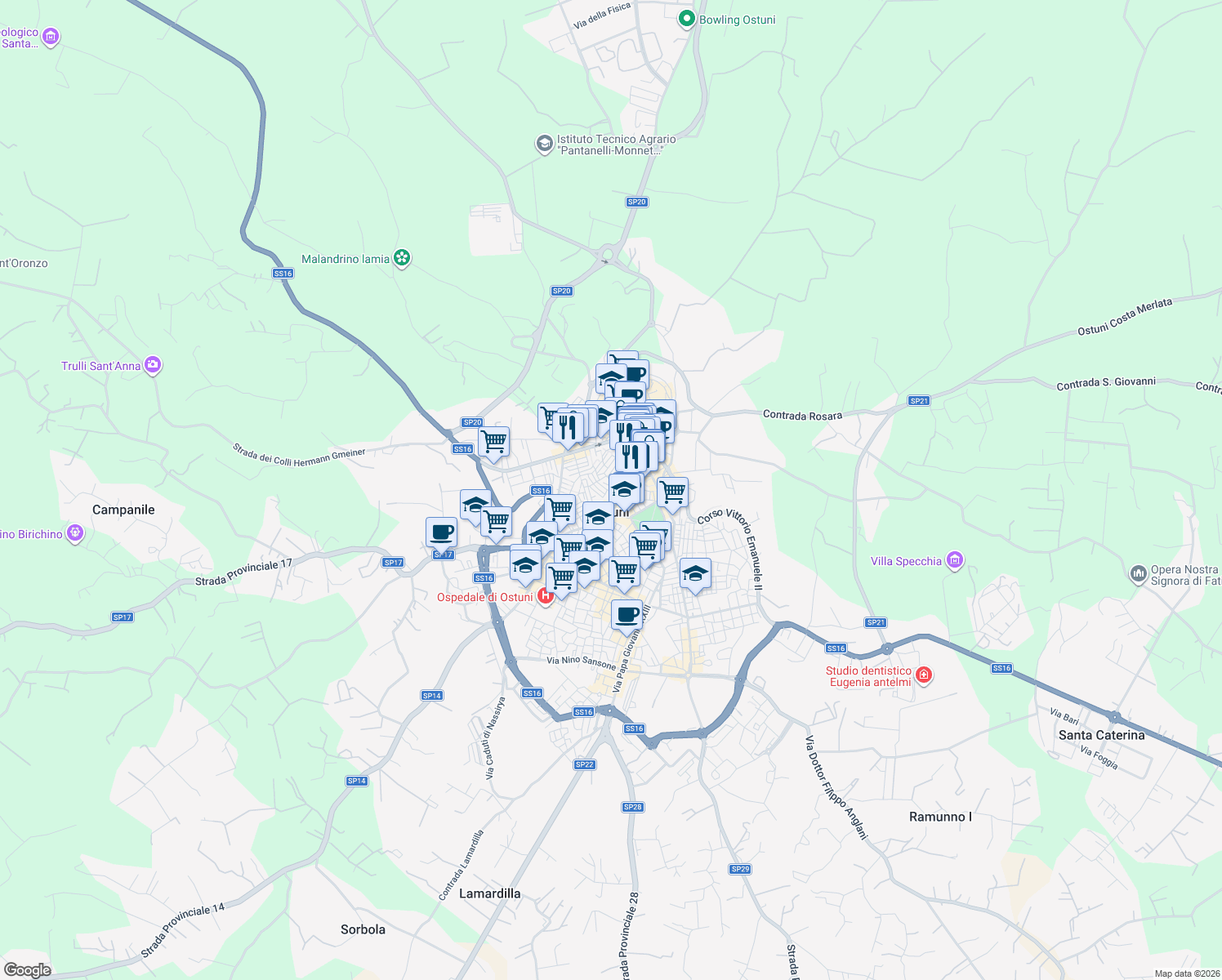 map of restaurants, bars, coffee shops, grocery stores, and more near 13 Via A. Tamborrino in Ostuni