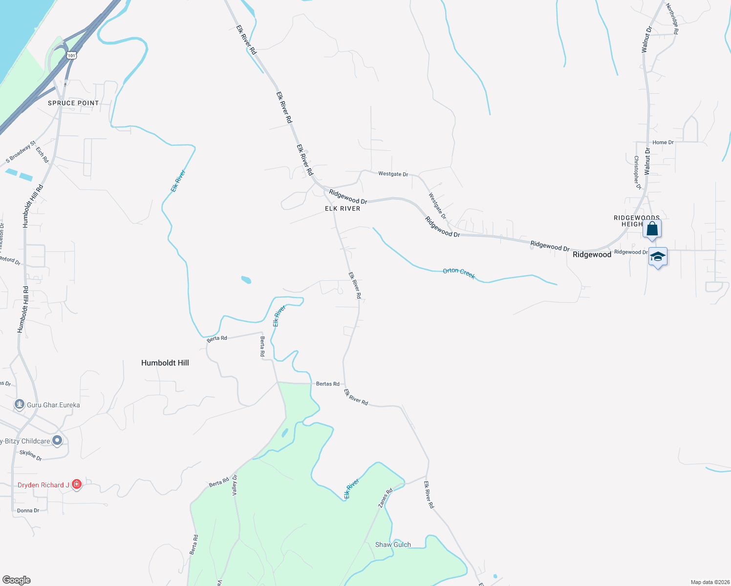 map of restaurants, bars, coffee shops, grocery stores, and more near 6419 Elk River Road in Eureka