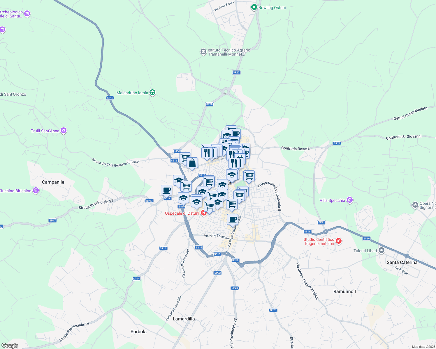 map of restaurants, bars, coffee shops, grocery stores, and more near 72 Via Giacomo Leopardi in Ostuni