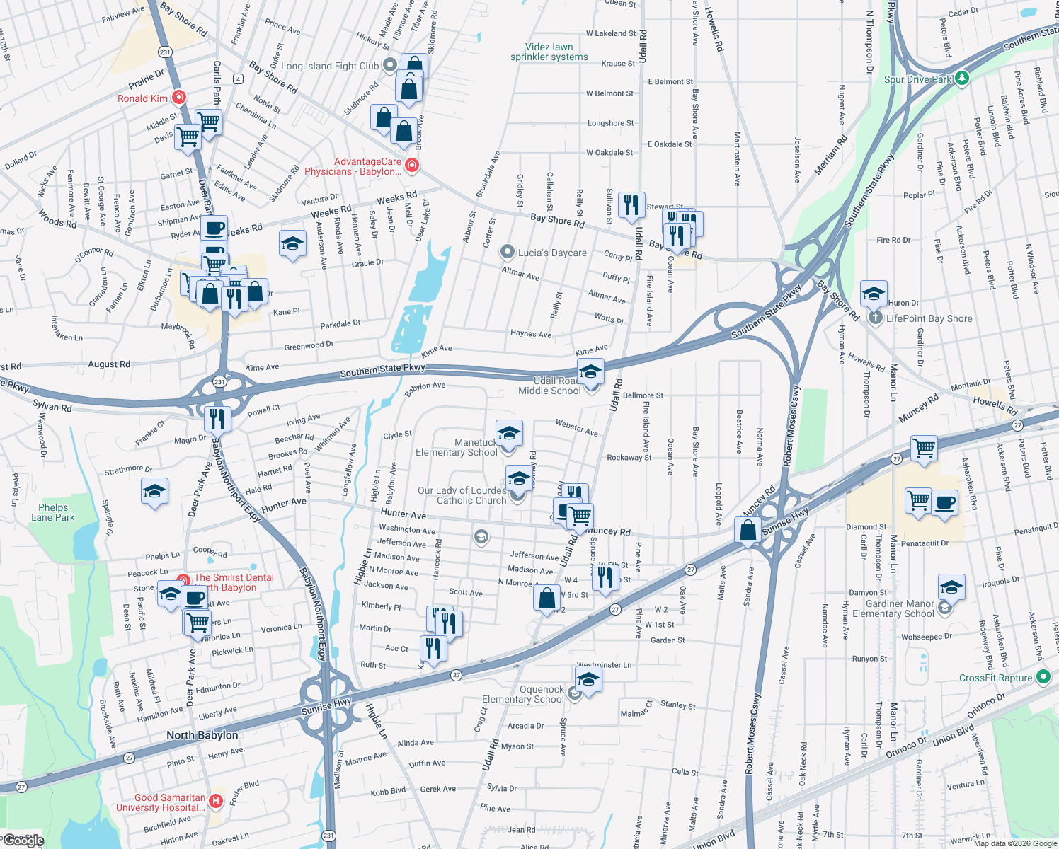 map of restaurants, bars, coffee shops, grocery stores, and more near 96 Toomey Road in West Islip