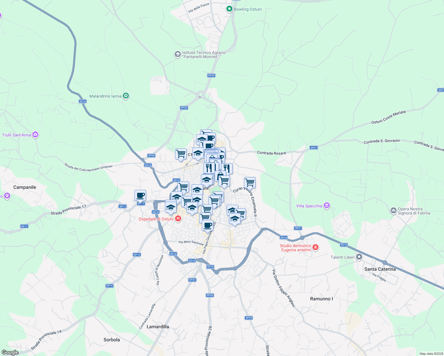 map of restaurants, bars, coffee shops, grocery stores, and more near 36 Corso Vittorio Emanuele II in Ostuni