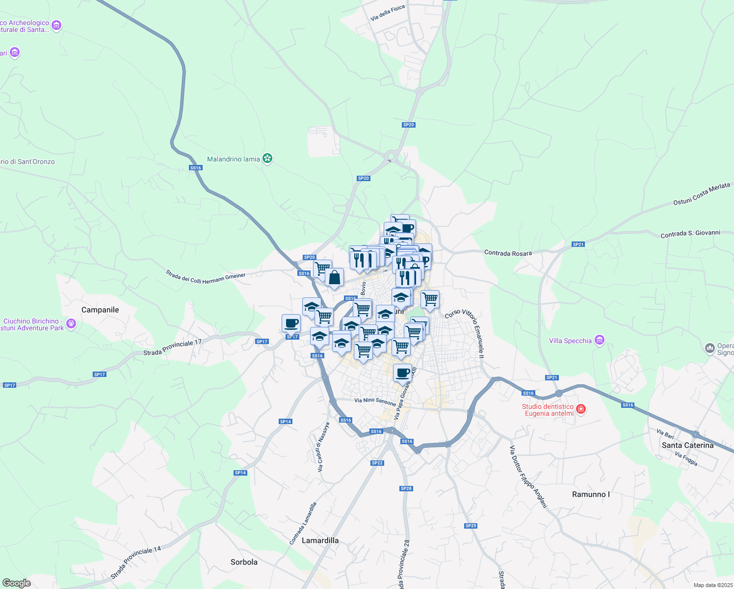 map of restaurants, bars, coffee shops, grocery stores, and more near 72 Via Giacomo Leopardi in Ostuni