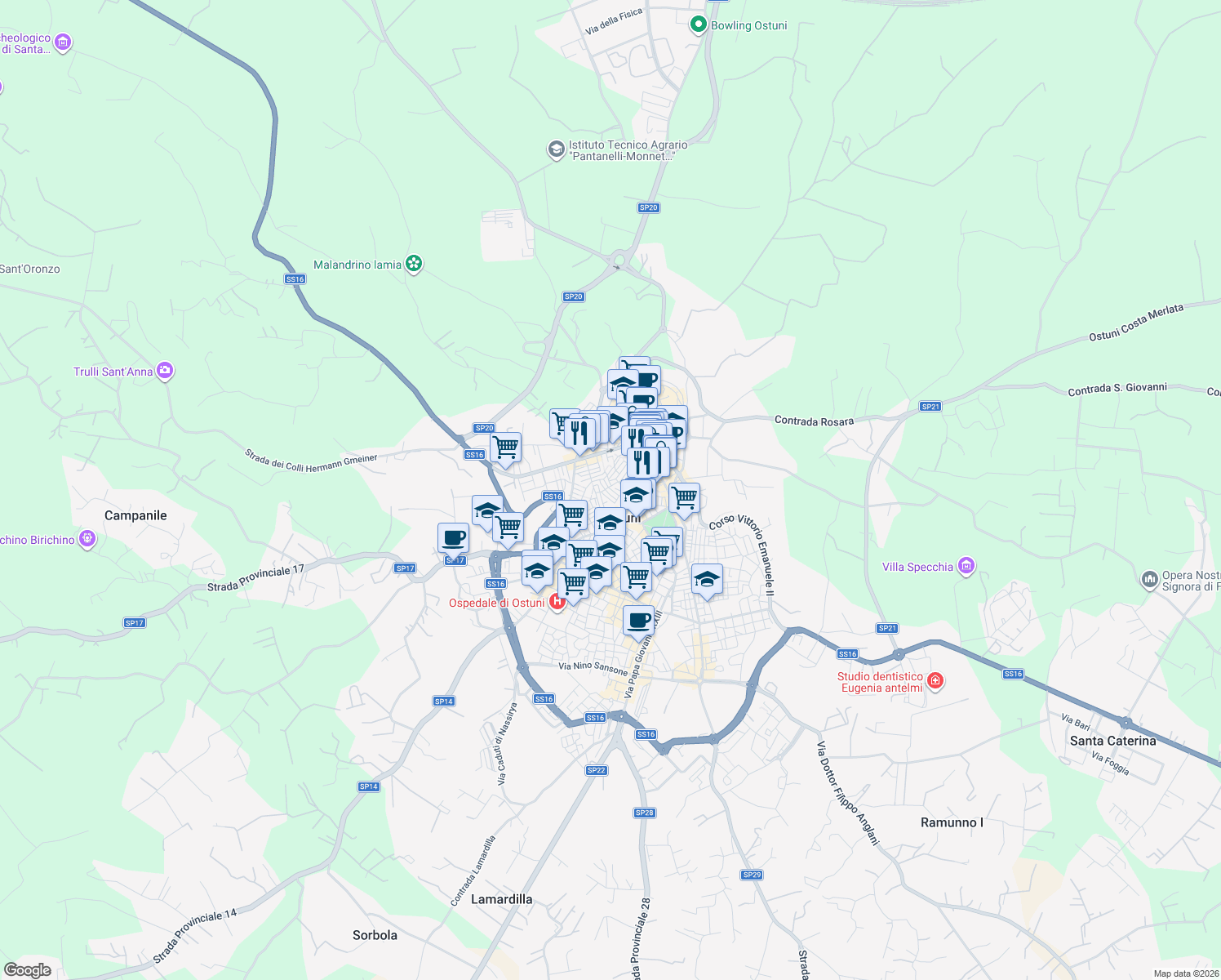 map of restaurants, bars, coffee shops, grocery stores, and more near 13 Via A. Tamborrino in Ostuni