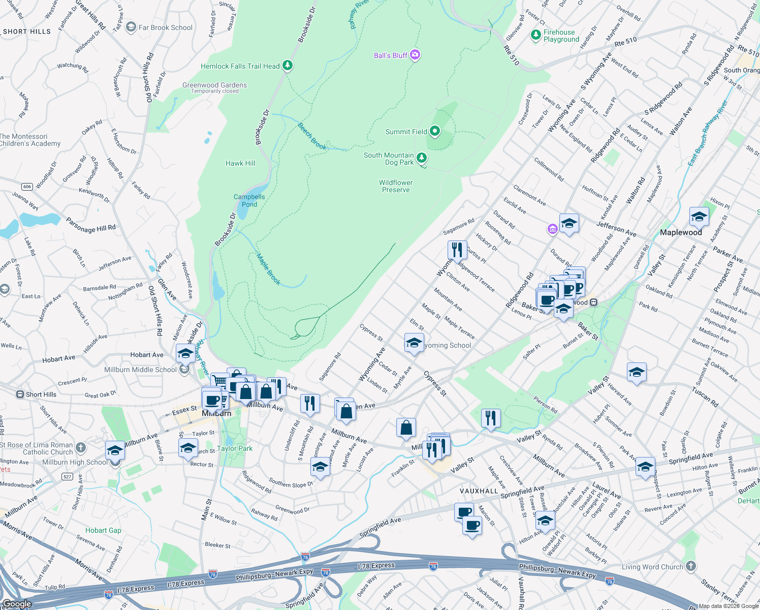 map of restaurants, bars, coffee shops, grocery stores, and more near 132 Sagamore Rd in Millburn